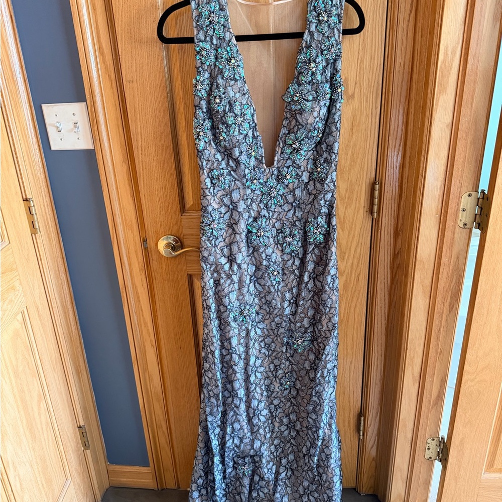 Jovani Teal Lace and Sequin Maxi Gown - Picture 2 of 4